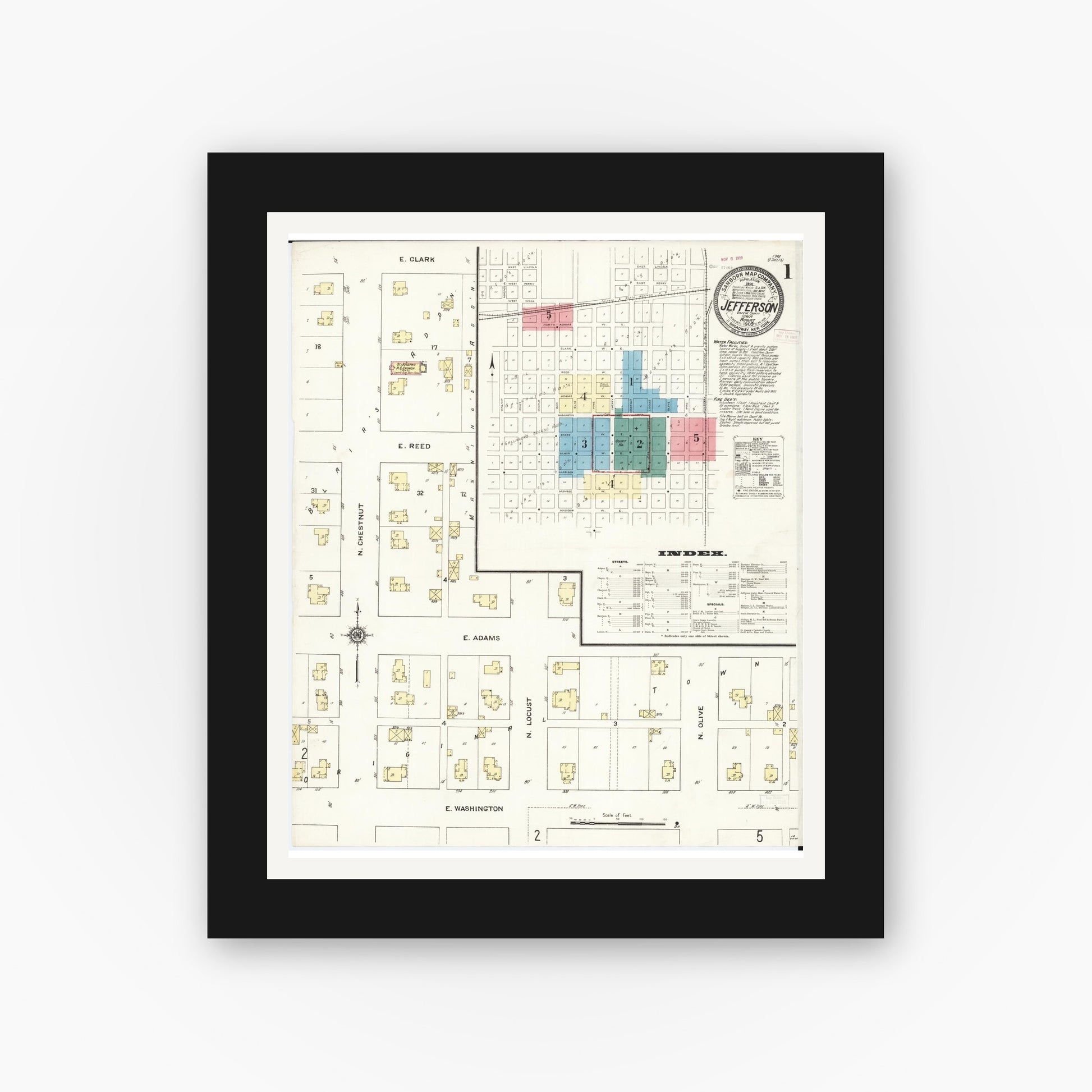 Old map wall art mockup — black gallery frame with white mat — Sanborn Fire Insurance Map from Jefferson, Greene County, Iowa (1909), Sheet #0001