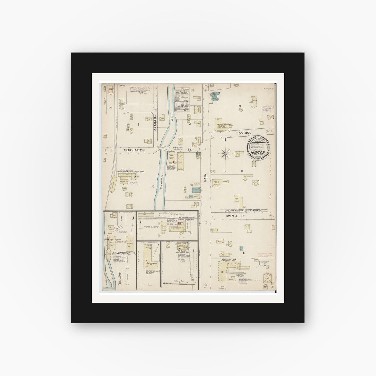Old map wall art mockup — black gallery frame with white mat — Sanborn Fire Insurance Map from Hunter, Greene County, New York (1887), Sheet #0001
