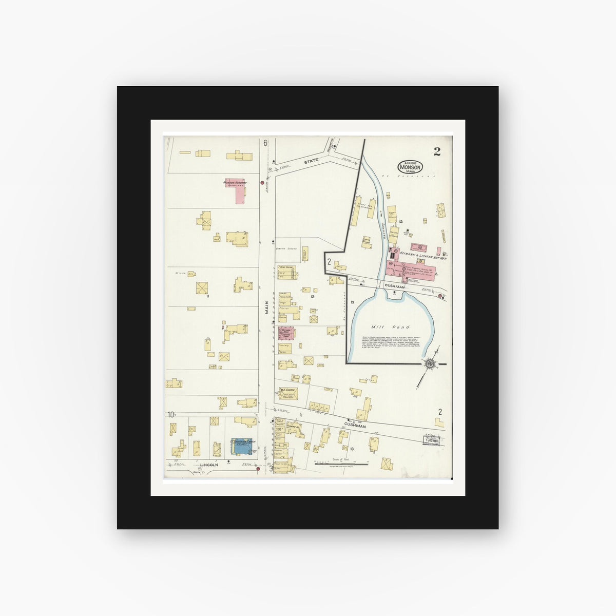 Old map wall art mockup — black gallery frame with white mat — Sanborn Fire Insurance Map from Monson, Hampden County, Massachusetts (1918), Sheet #0002