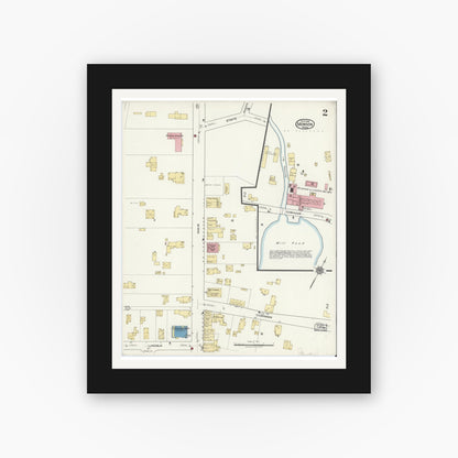 Old map wall art mockup — black gallery frame with white mat — Sanborn Fire Insurance Map from Monson, Hampden County, Massachusetts (1918), Sheet #0002