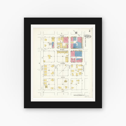 Old map wall art mockup — black gallery frame with white mat — Sanborn Fire Insurance Map from Stephenville, Erath County, Texas (1921), Sheet #0004