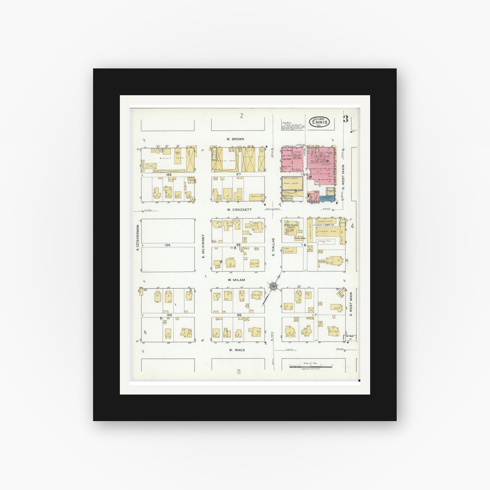 Old map wall art mockup — black gallery frame with white mat — Sanborn Fire Insurance Map from Ennis, Ellis County, Texas (1920), Sheet #0003