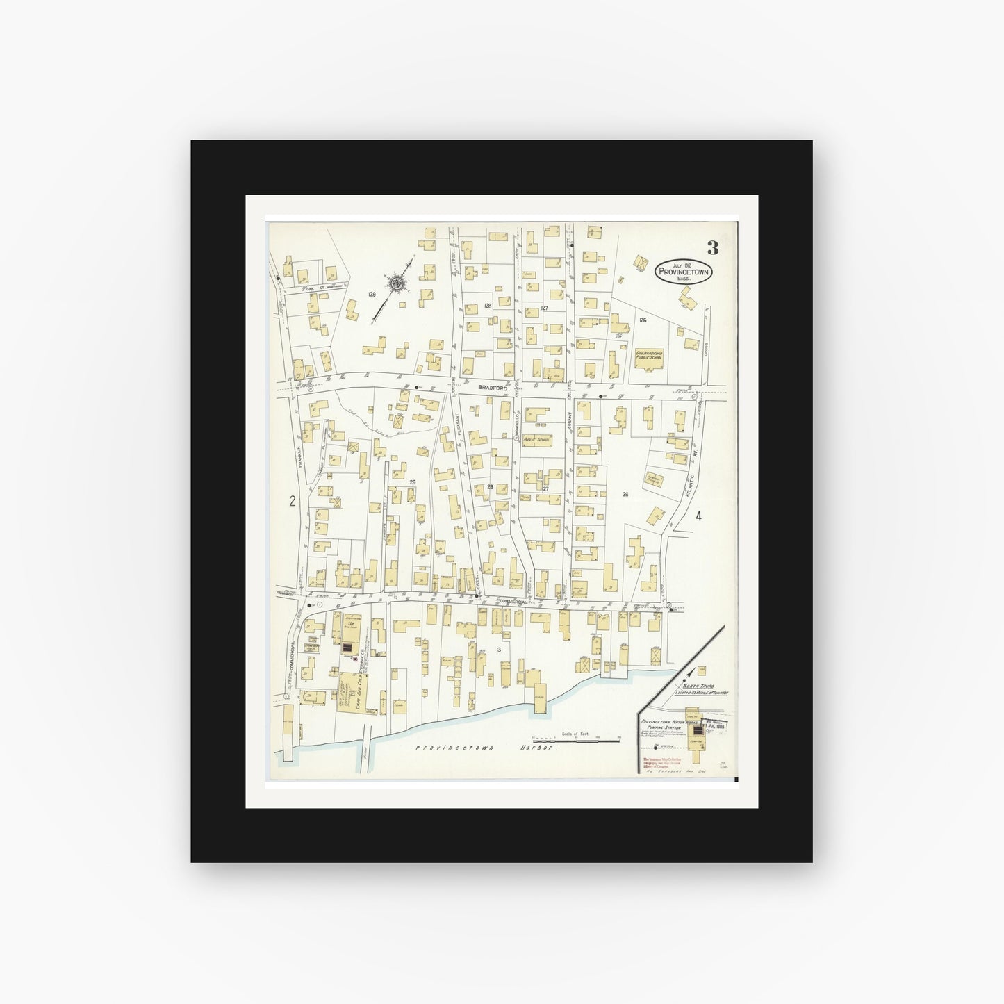 Old map wall art mockup — black gallery frame with white mat — Sanborn Fire Insurance Map from Provincetown, Barnstable County, Massachusetts (1912), Sheet #0003