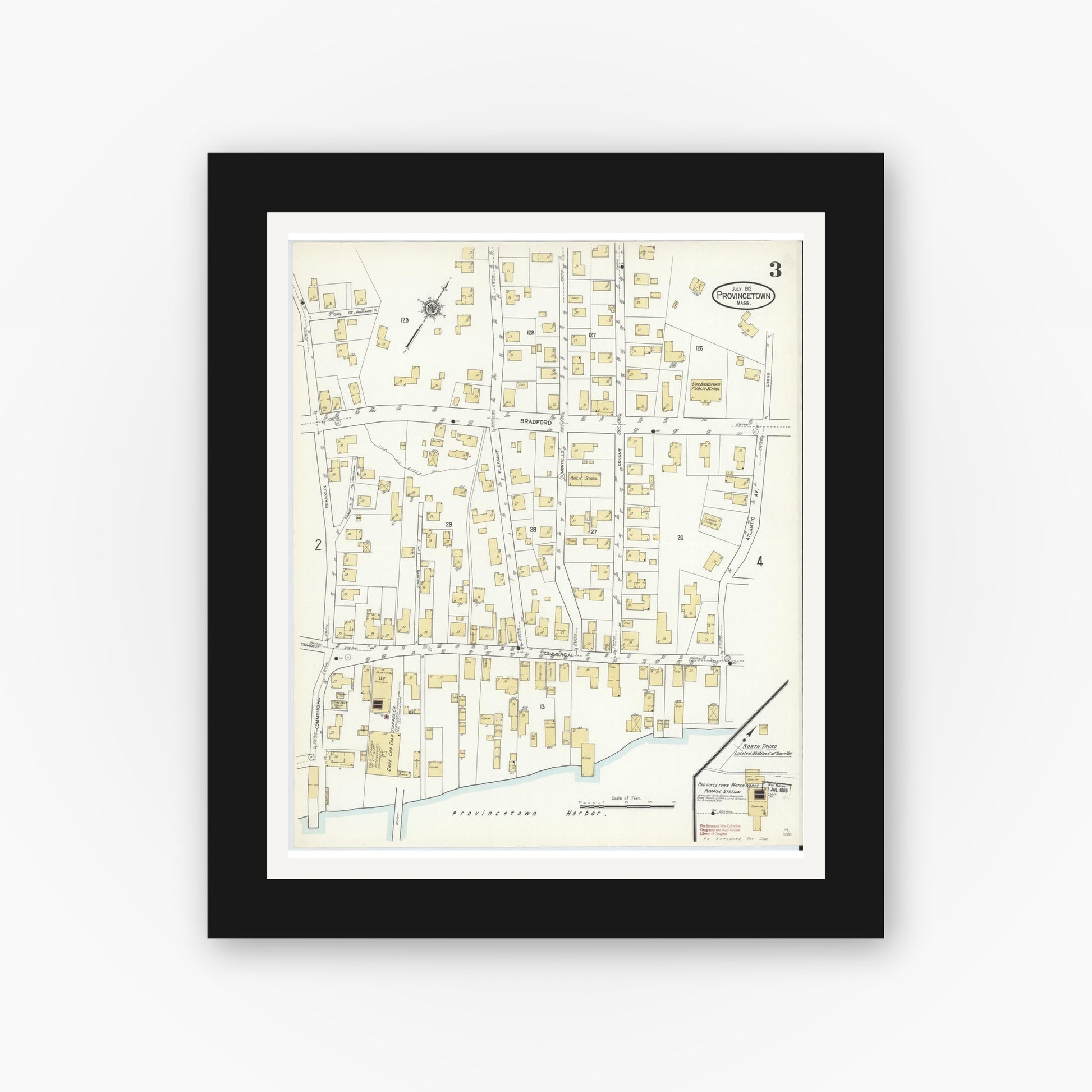 Old map wall art mockup — black gallery frame with white mat — Sanborn Fire Insurance Map from Provincetown, Barnstable County, Massachusetts (1912), Sheet #0003