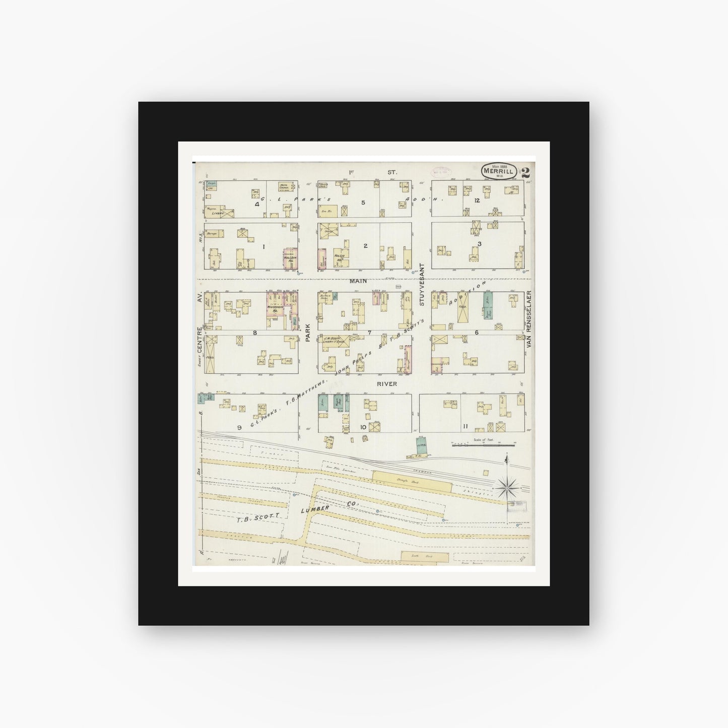 Old map wall art mockup — black gallery frame with white mat — Sanborn Fire Insurance Map from Merrill, Lincoln County, Wisconsin (1888), Sheet #0002