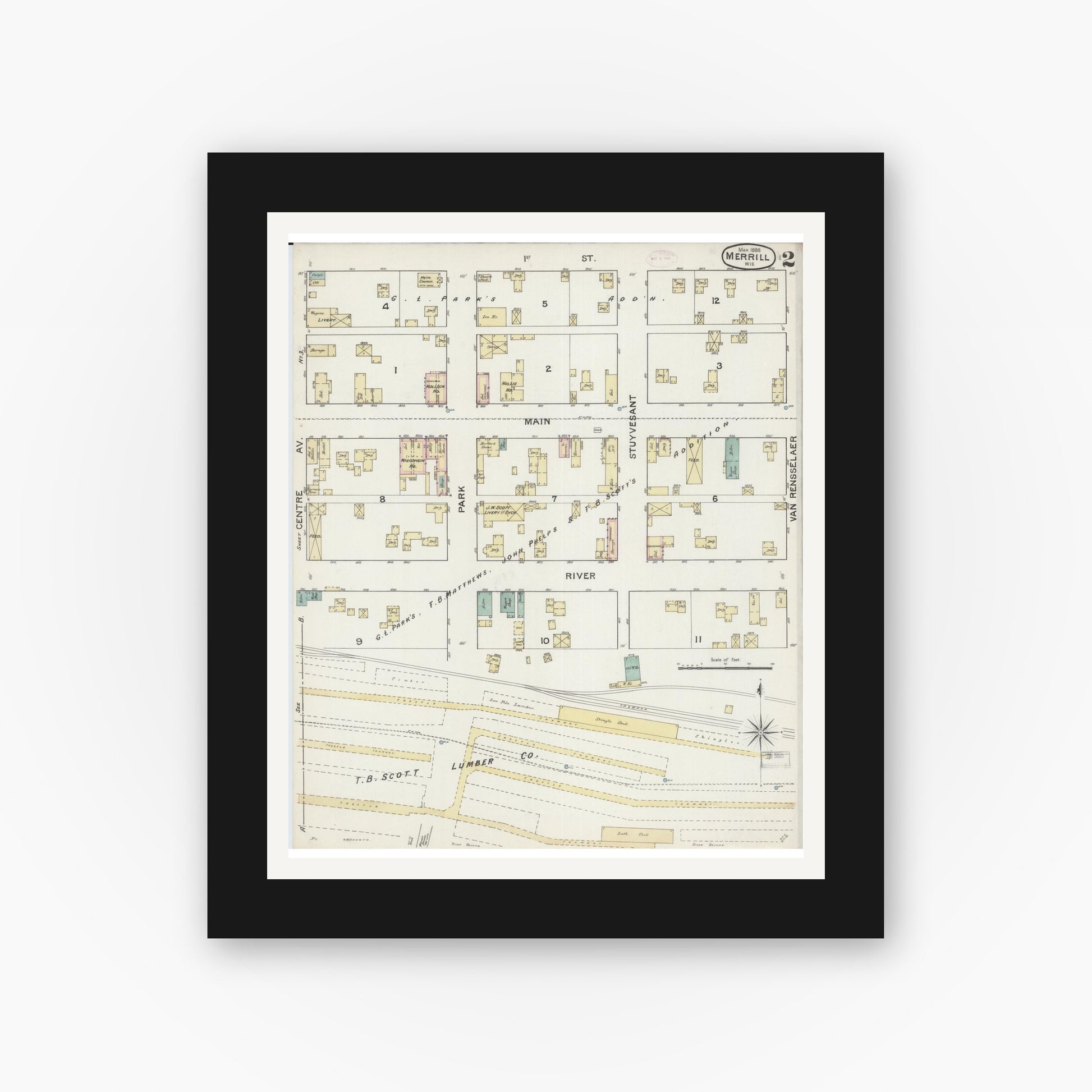 Old map wall art mockup — black gallery frame with white mat — Sanborn Fire Insurance Map from Merrill, Lincoln County, Wisconsin (1888), Sheet #0002