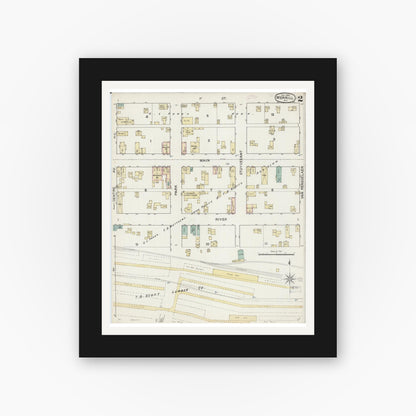 Old map wall art mockup — black gallery frame with white mat — Sanborn Fire Insurance Map from Merrill, Lincoln County, Wisconsin (1888), Sheet #0002