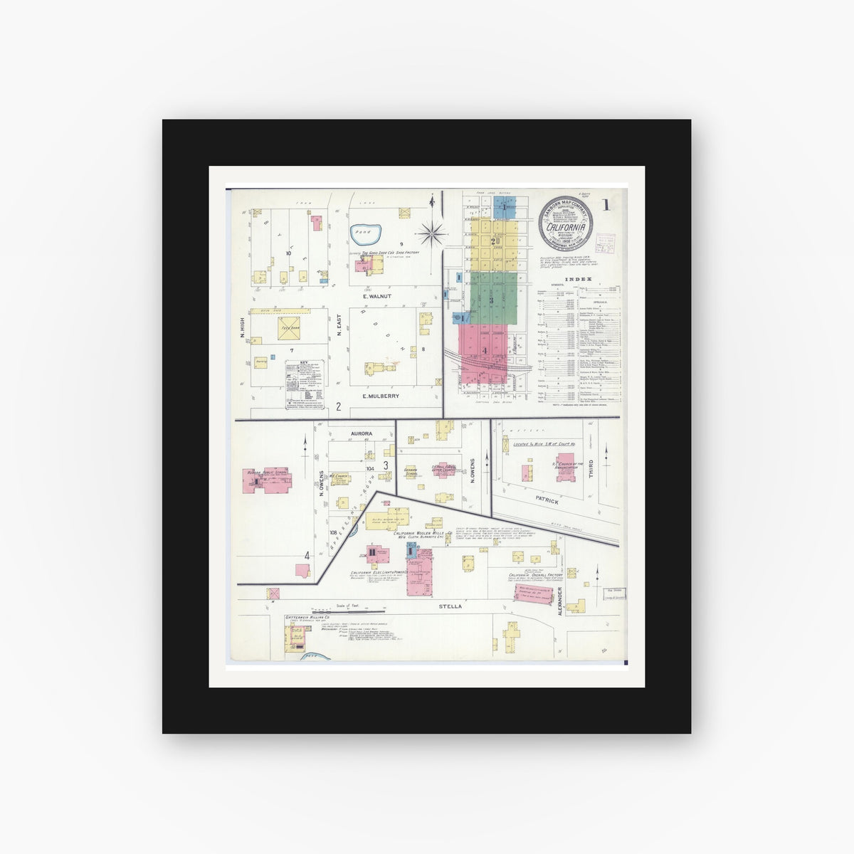 Old map wall art mockup — black gallery frame with white mat — Sanborn Fire Insurance Map from California, Moniteau County, Missouri (1908) - Complete Map Set