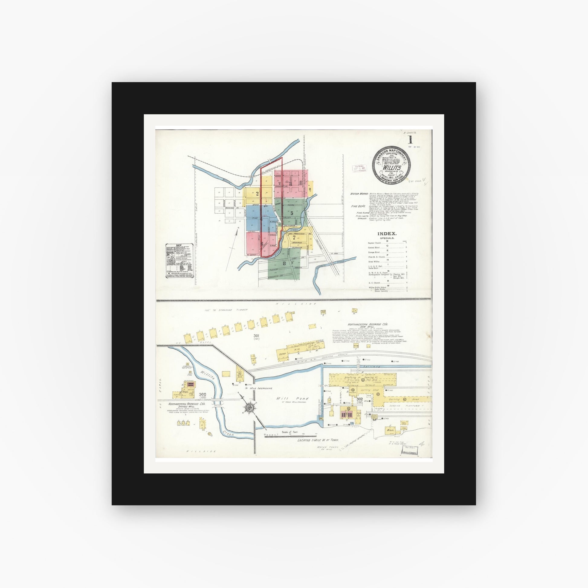Old map wall art mockup — black gallery frame with white mat — Sanborn Fire Insurance Map from Willits, Mendocino County, California (1911) - Complete Map Set