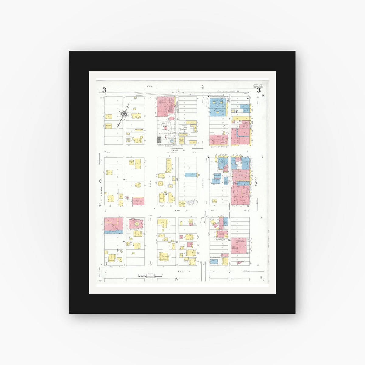 Old map wall art mockup — black gallery frame with white mat — Sanborn Fire Insurance Map from Pecos, Reeves County, Texas (1939), Sheet #0003