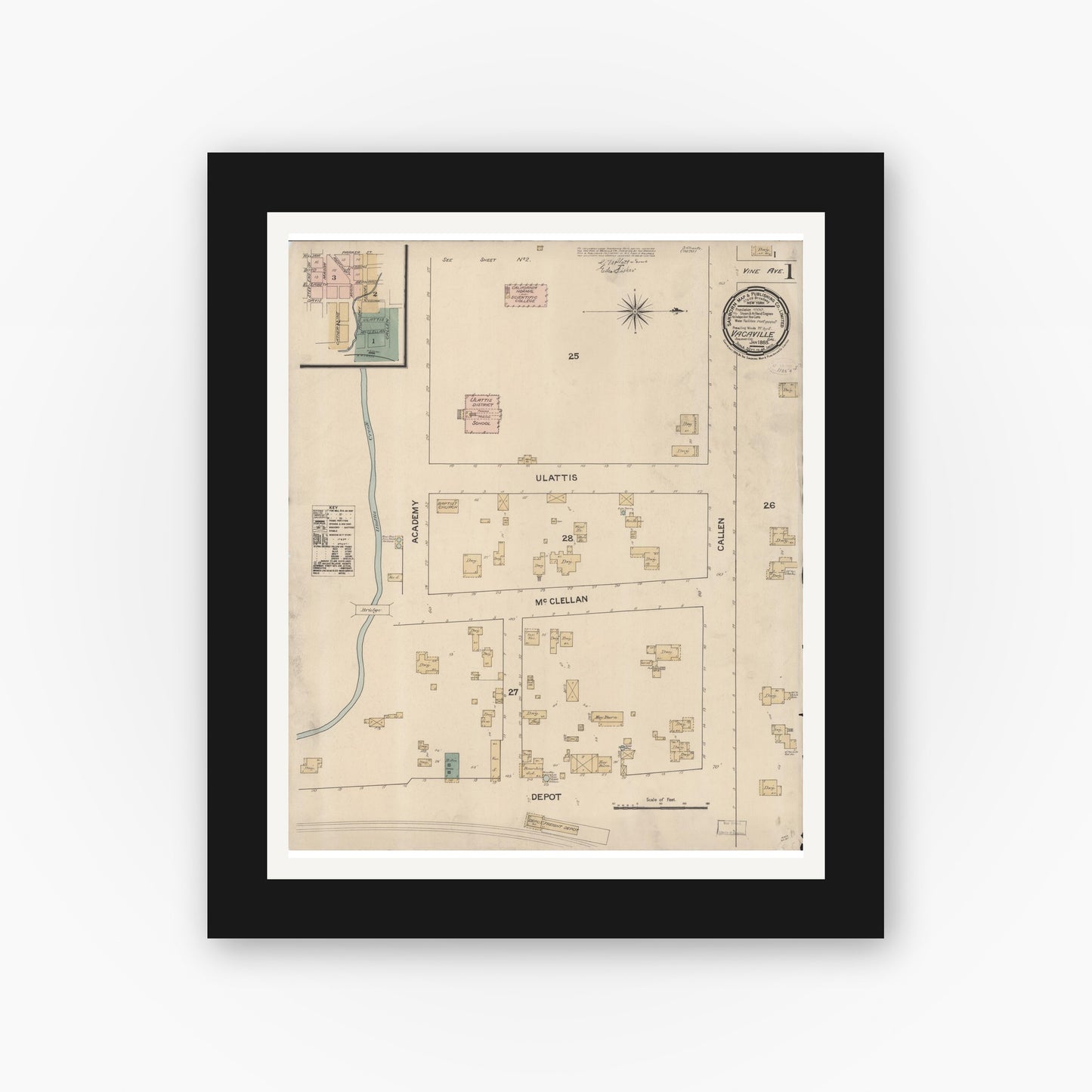 Old map wall art mockup — black gallery frame with white mat — Sanborn Fire Insurance Map from Vacaville, Solano County, California (1886) - Complete Map Set