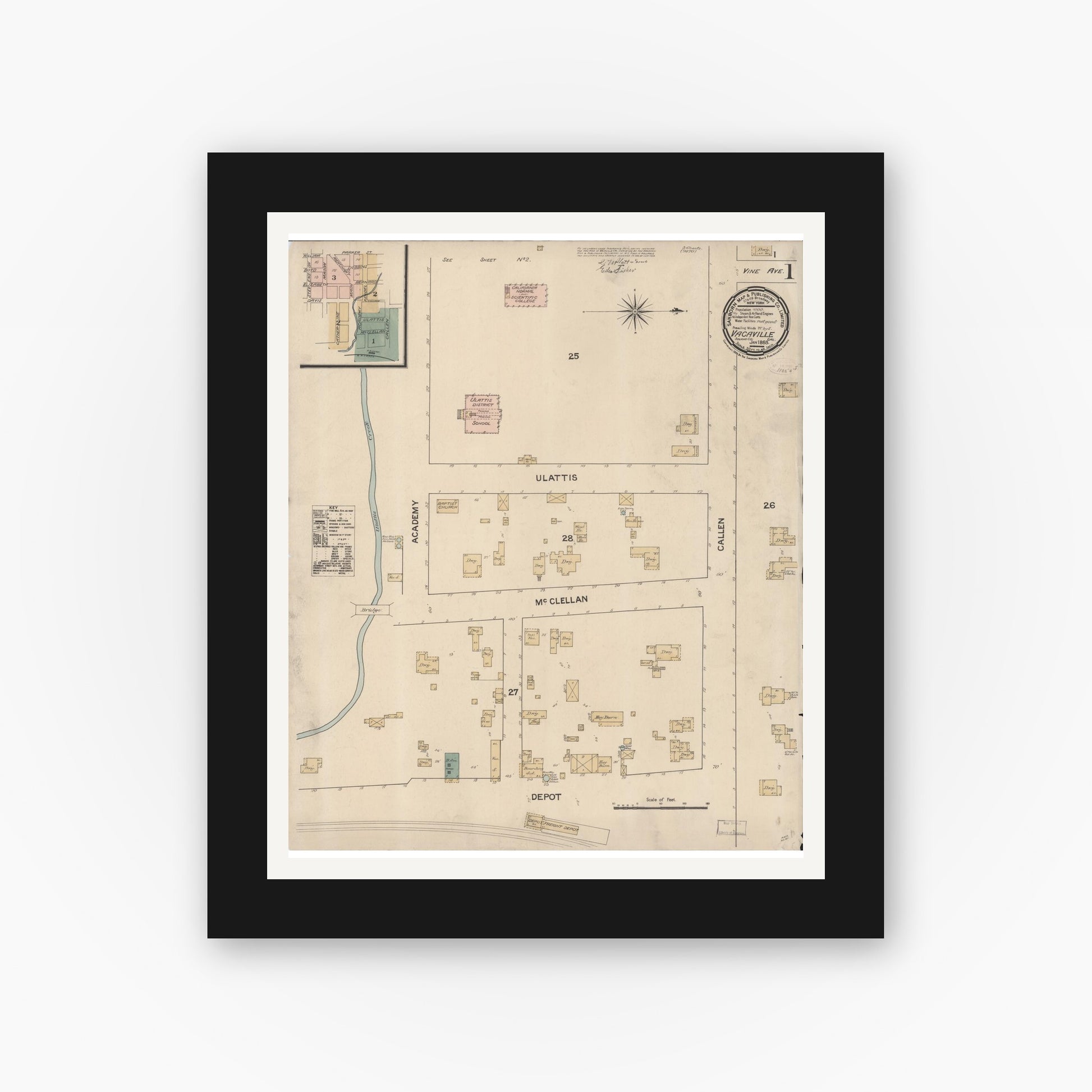 Old map wall art mockup — black gallery frame with white mat — Sanborn Fire Insurance Map from Vacaville, Solano County, California (1886) - Complete Map Set