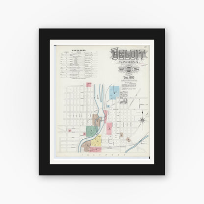 Old map wall art mockup — black gallery frame with white mat — Sanborn Fire Insurance Map from Beloit, Rock County, Wisconsin (1890), Sheet #0001