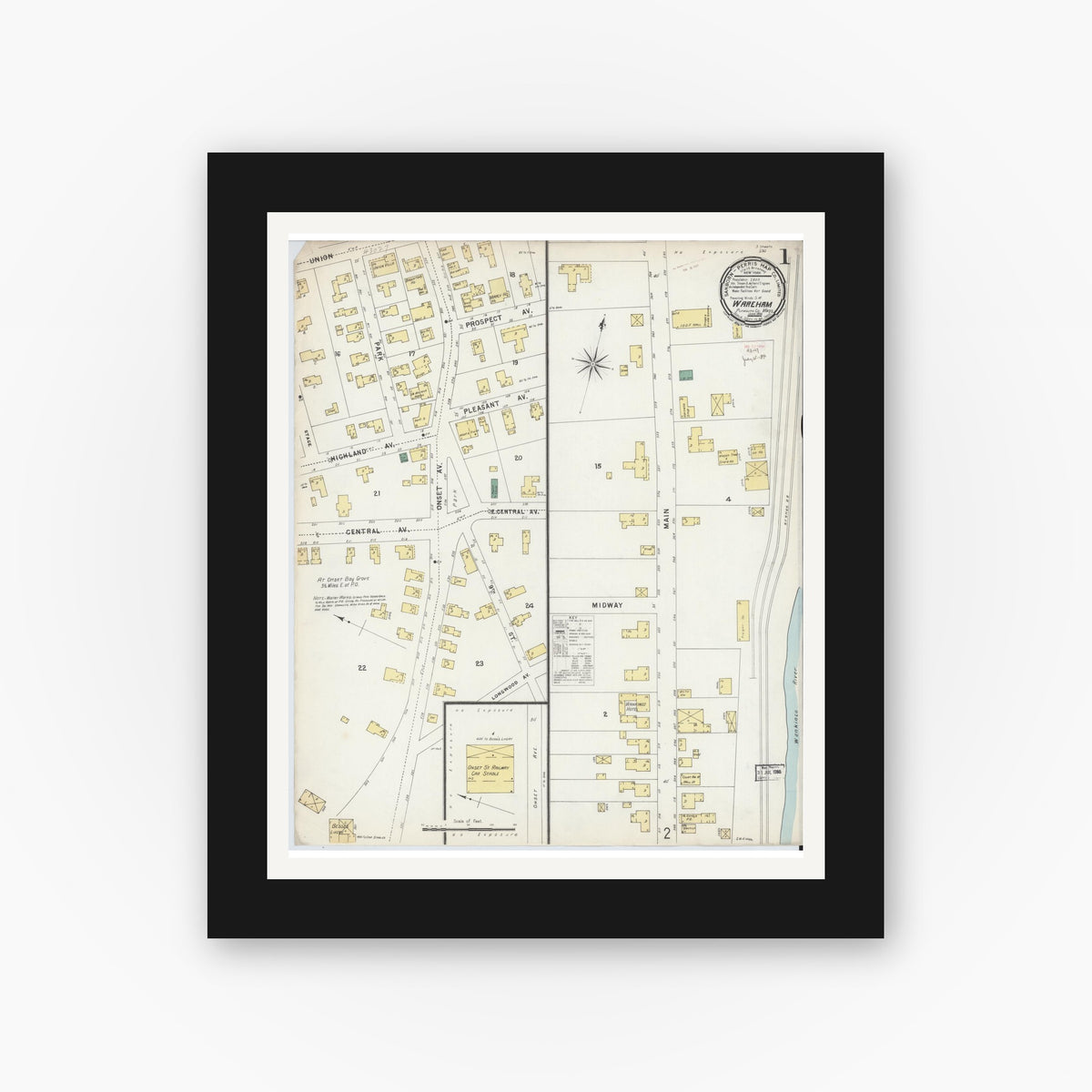 Old map wall art mockup — black gallery frame with white mat — Sanborn Fire Insurance Map from Wareham, Plymouth County, Massachusetts (1896) - Complete Map Set