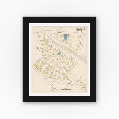 Old map wall art mockup — black gallery frame with white mat — Sanborn Fire Insurance Map from Leominster, Worcester County, Massachusetts (1922), Sheet #0006