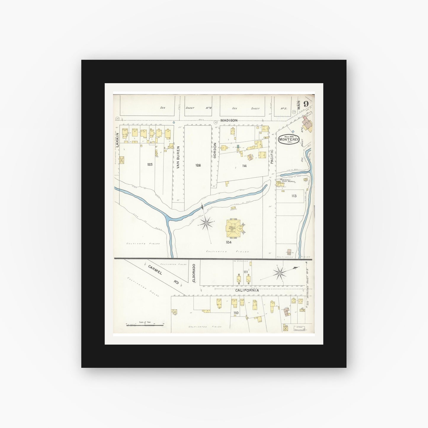 Old map wall art mockup — black gallery frame with white mat — Sanborn Fire Insurance Map from Monterey, Monterey County, California (1892), Sheet #0009