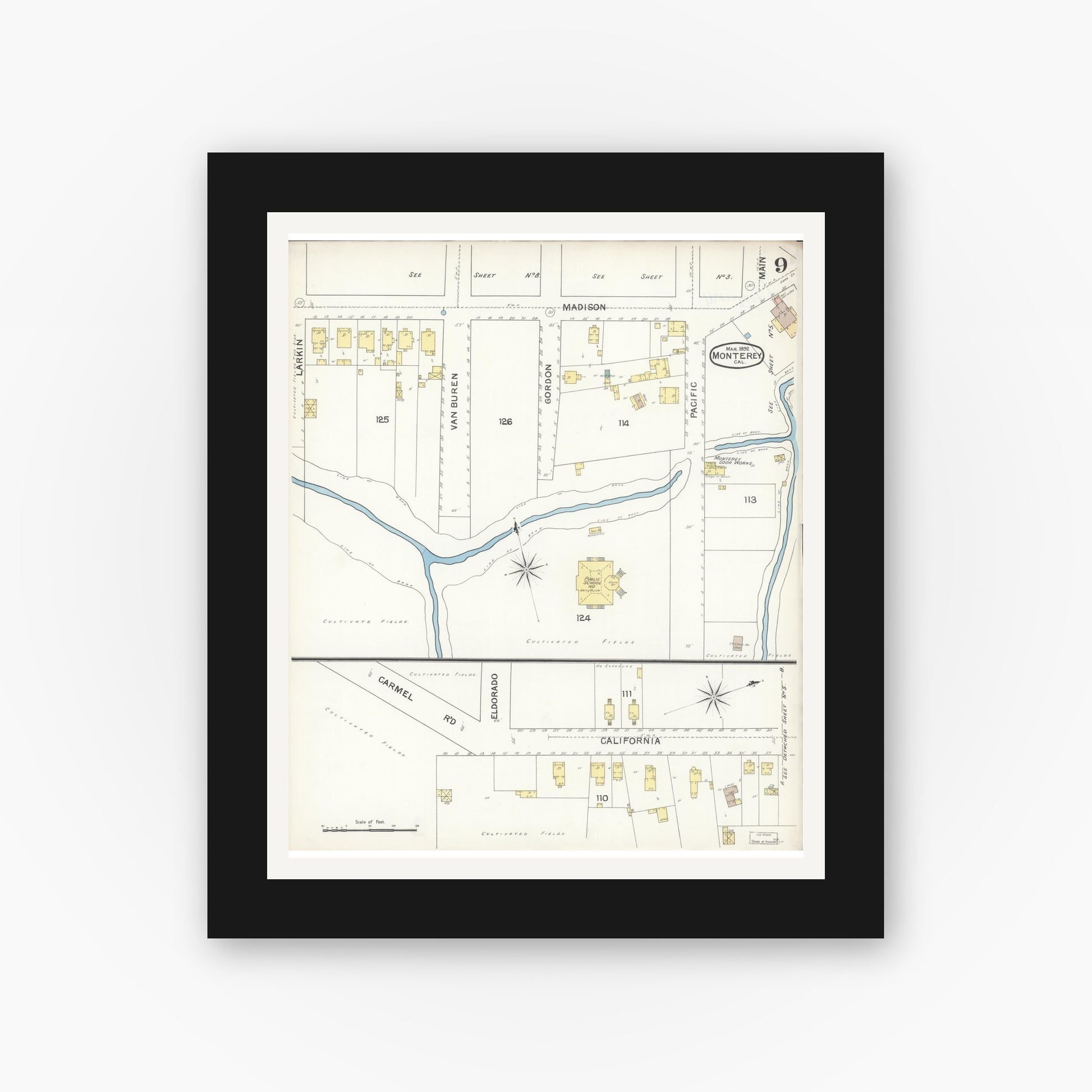 Old map wall art mockup — black gallery frame with white mat — Sanborn Fire Insurance Map from Monterey, Monterey County, California (1892), Sheet #0009