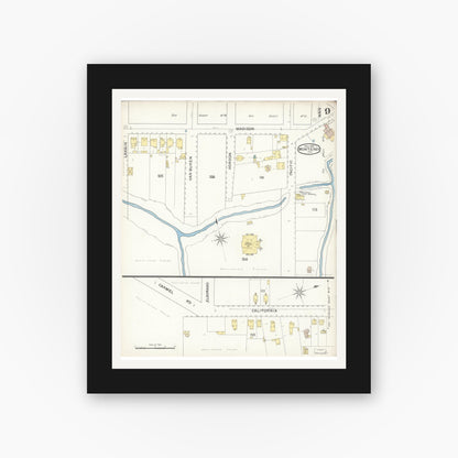 Old map wall art mockup — black gallery frame with white mat — Sanborn Fire Insurance Map from Monterey, Monterey County, California (1892), Sheet #0009