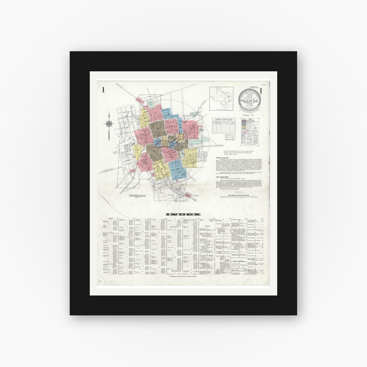 Old map wall art mockup — black gallery frame with white mat — Sanborn Fire Insurance Map from Palestine, Anderson County, Texas (1935) - Complete Map Set