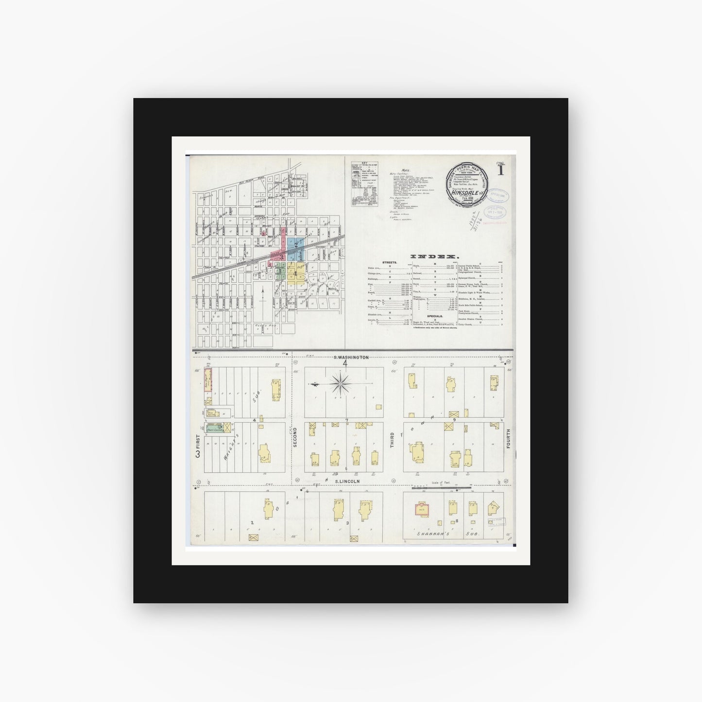 Old map wall art mockup — black gallery frame with white mat — Sanborn Fire Insurance Map from Hinsdale, Du Page And Cook Counties, Illinois (1898) - Complete Map Set