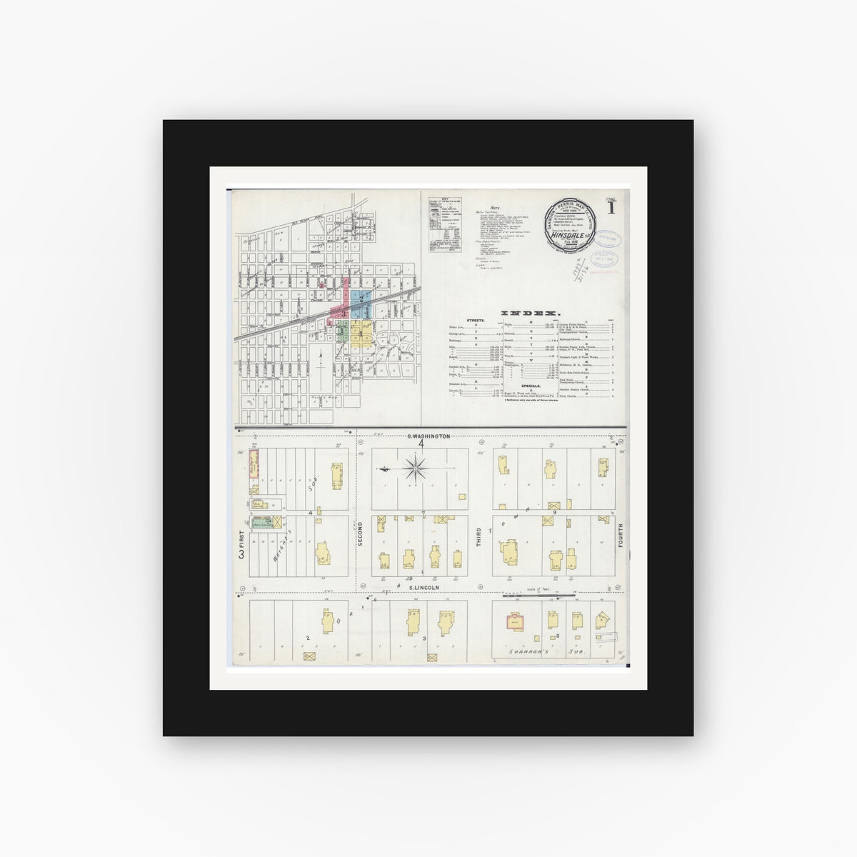 Old map wall art mockup — black gallery frame with white mat — Sanborn Fire Insurance Map from Hinsdale, Du Page And Cook Counties, Illinois (1898) - Complete Map Set