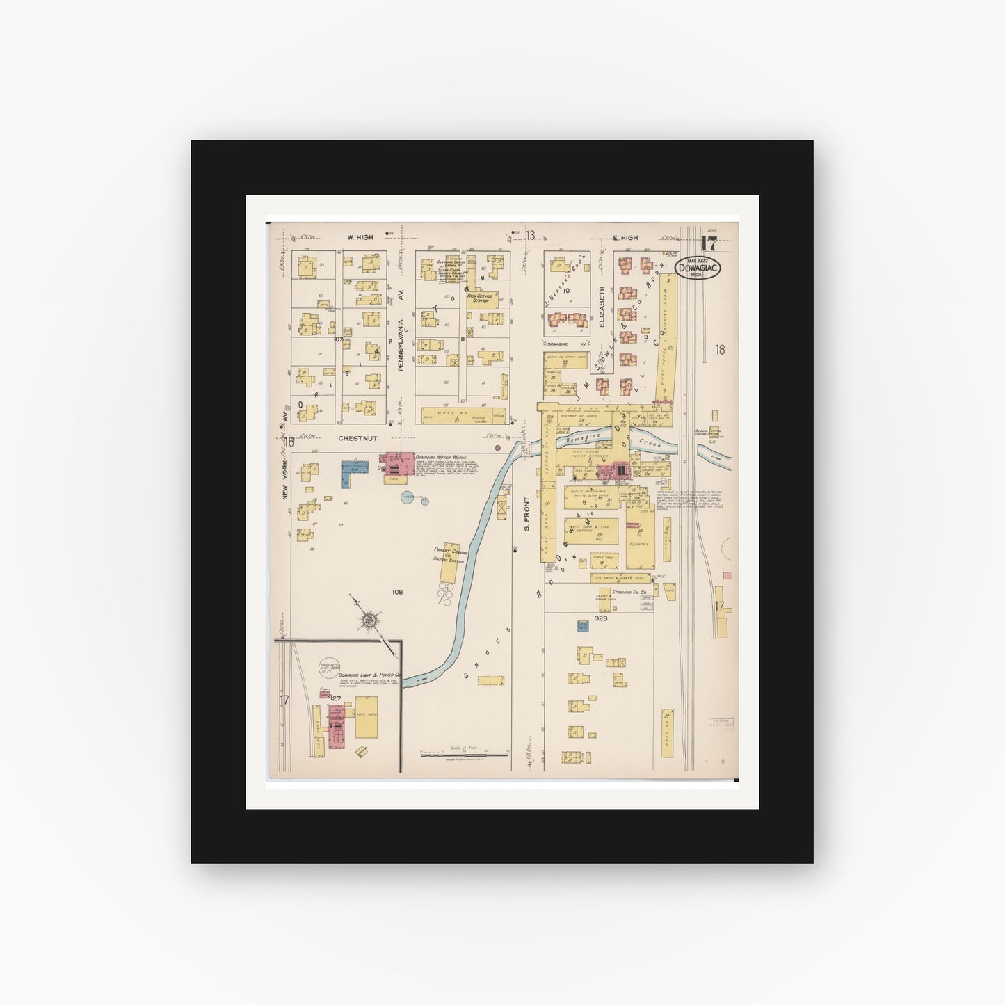Old map wall art mockup — black gallery frame with white mat — Sanborn Fire Insurance Map from Dowagiac, Cass County, Michigan (1922), Sheet #0017