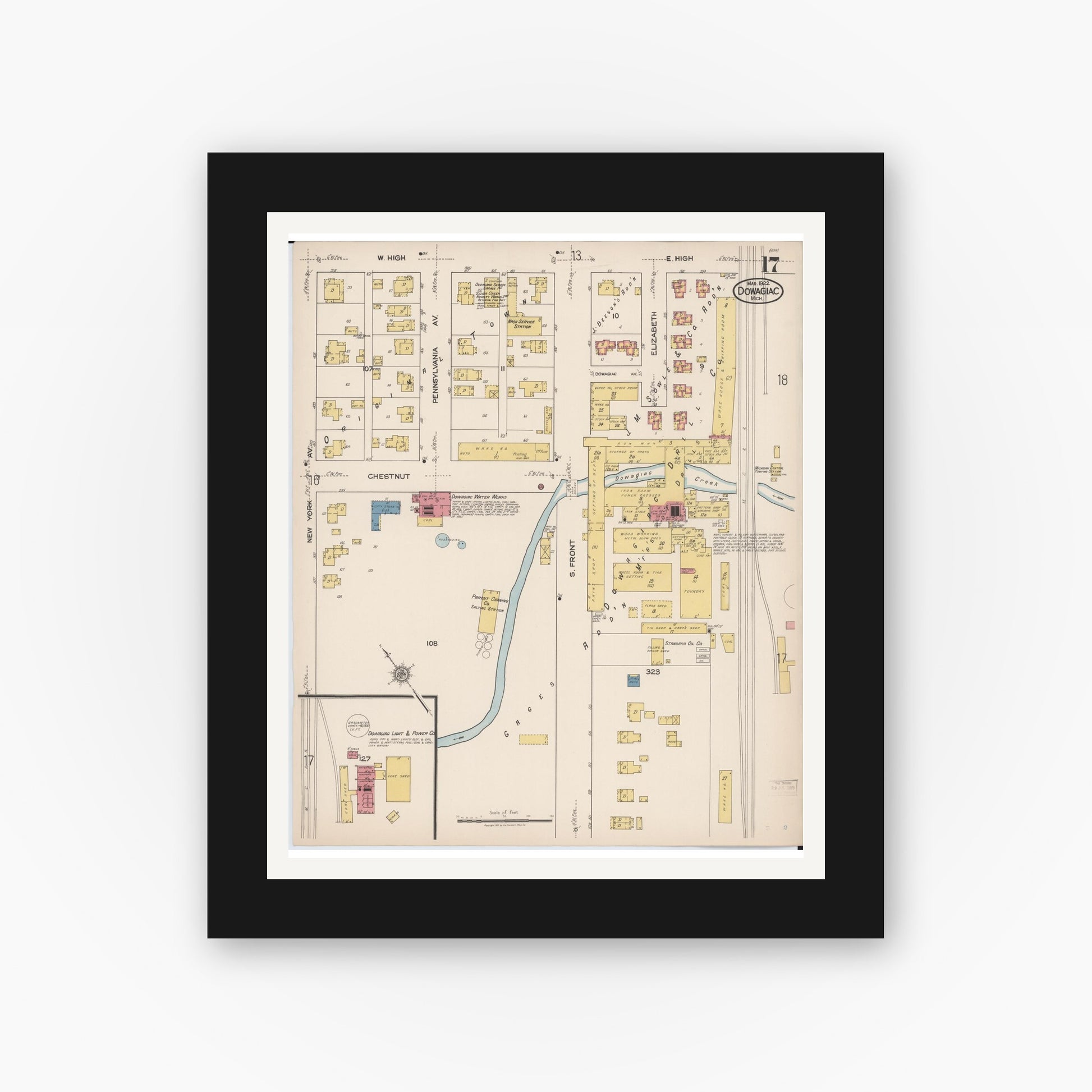 Old map wall art mockup — black gallery frame with white mat — Sanborn Fire Insurance Map from Dowagiac, Cass County, Michigan (1922), Sheet #0017
