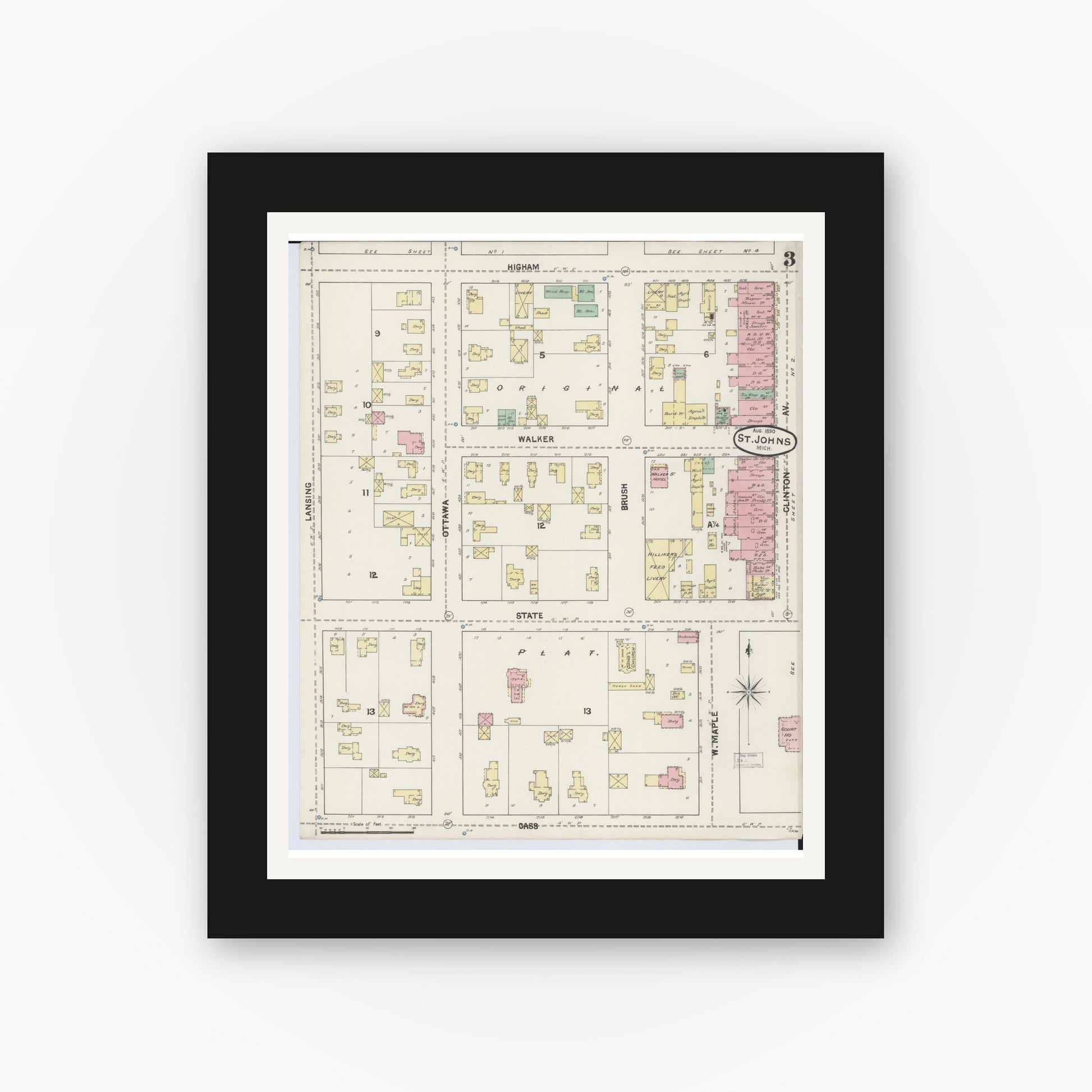 Old map wall art mockup — black gallery frame with white mat — Sanborn Fire Insurance Map from Saint Johns, Clinton County, Michigan (1890), Sheet #0003