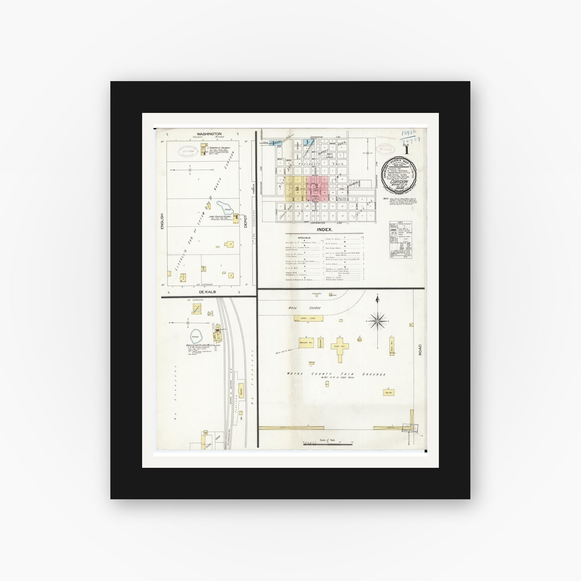 Old map wall art mockup — black gallery frame with white mat — Sanborn Fire Insurance Map from Corydon, Wayne County, Iowa (1898) â€” Complete Set