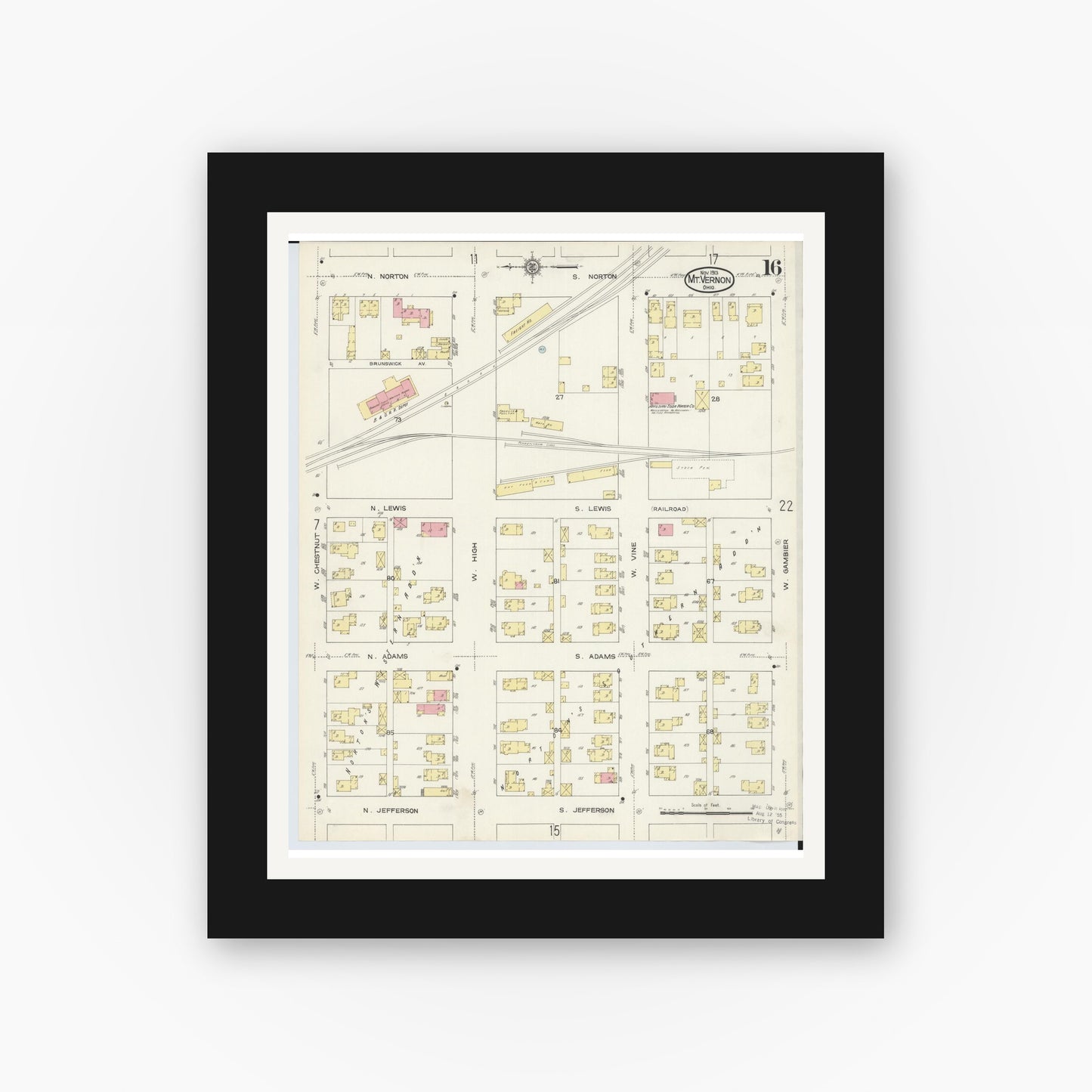 Old map wall art mockup — black gallery frame with white mat — Sanborn Fire Insurance Map from Mount Vernon, Knox County, Ohio (1913), Sheet #0016