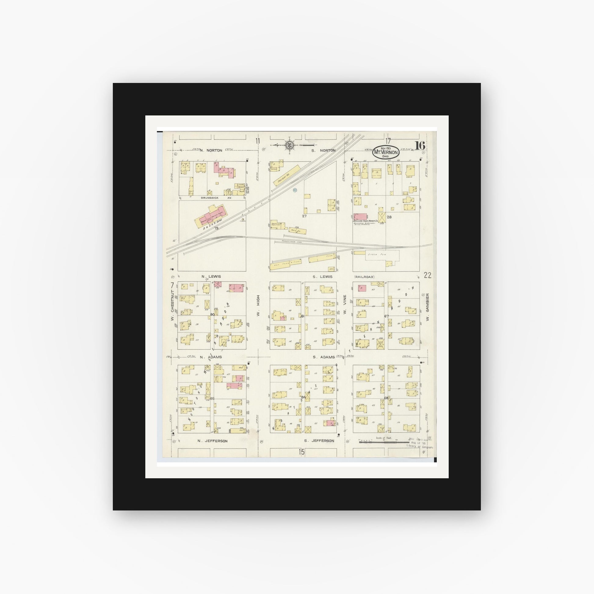 Old map wall art mockup — black gallery frame with white mat — Sanborn Fire Insurance Map from Mount Vernon, Knox County, Ohio (1913), Sheet #0016