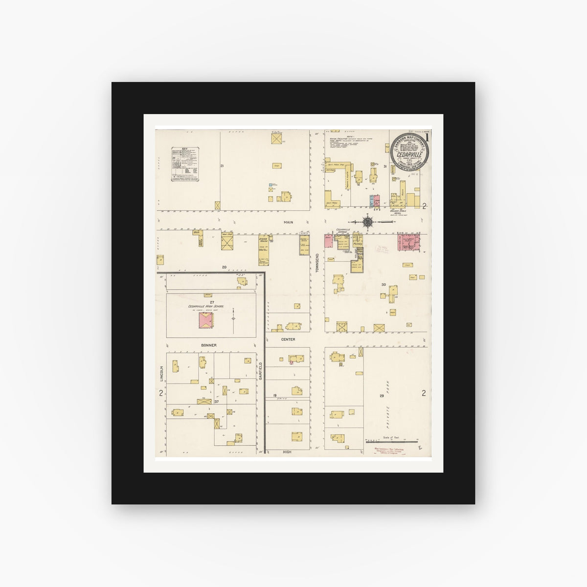 Old map wall art mockup — black gallery frame with white mat — Sanborn Fire Insurance Map from Cedarville, Modoc County, California (1912), Sheet #0001