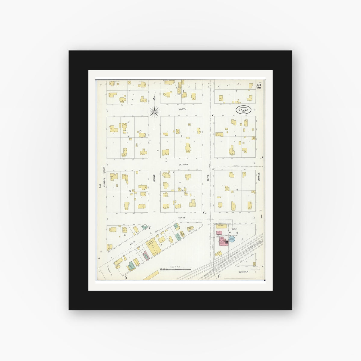 Old map wall art mockup — black gallery frame with white mat — Sanborn Fire Insurance Map from Galva, Henry County, Illinois (1907), Sheet #0002