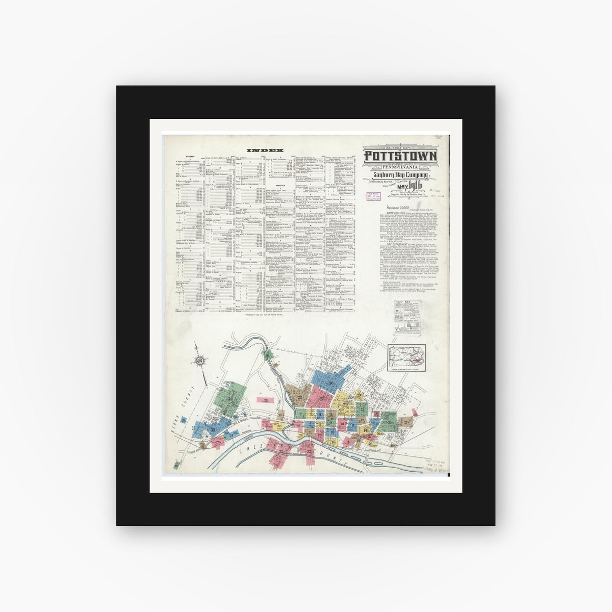 Old map wall art mockup — black gallery frame with white mat — Sanborn Fire Insurance Map from Pottstown, Montgomery County, Pennsylvania (1916) - Complete Map Set