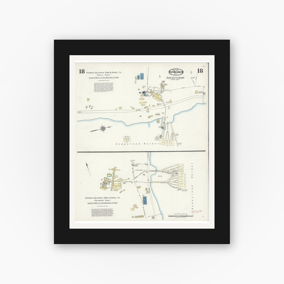 Old map wall art mockup — black gallery frame with white mat — Sanborn Fire Insurance Map from Port Washington, Nassau County, New York (1925), Sheet #0018