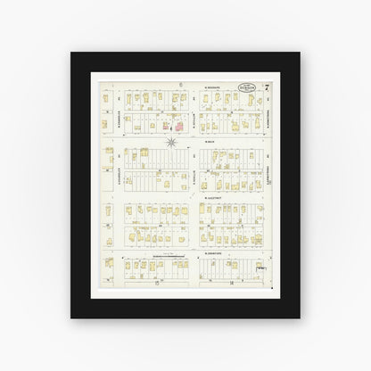 Old map wall art mockup — black gallery frame with white mat — Sanborn Fire Insurance Map from Denison, Grayson County, Texas (1897), Sheet #0007