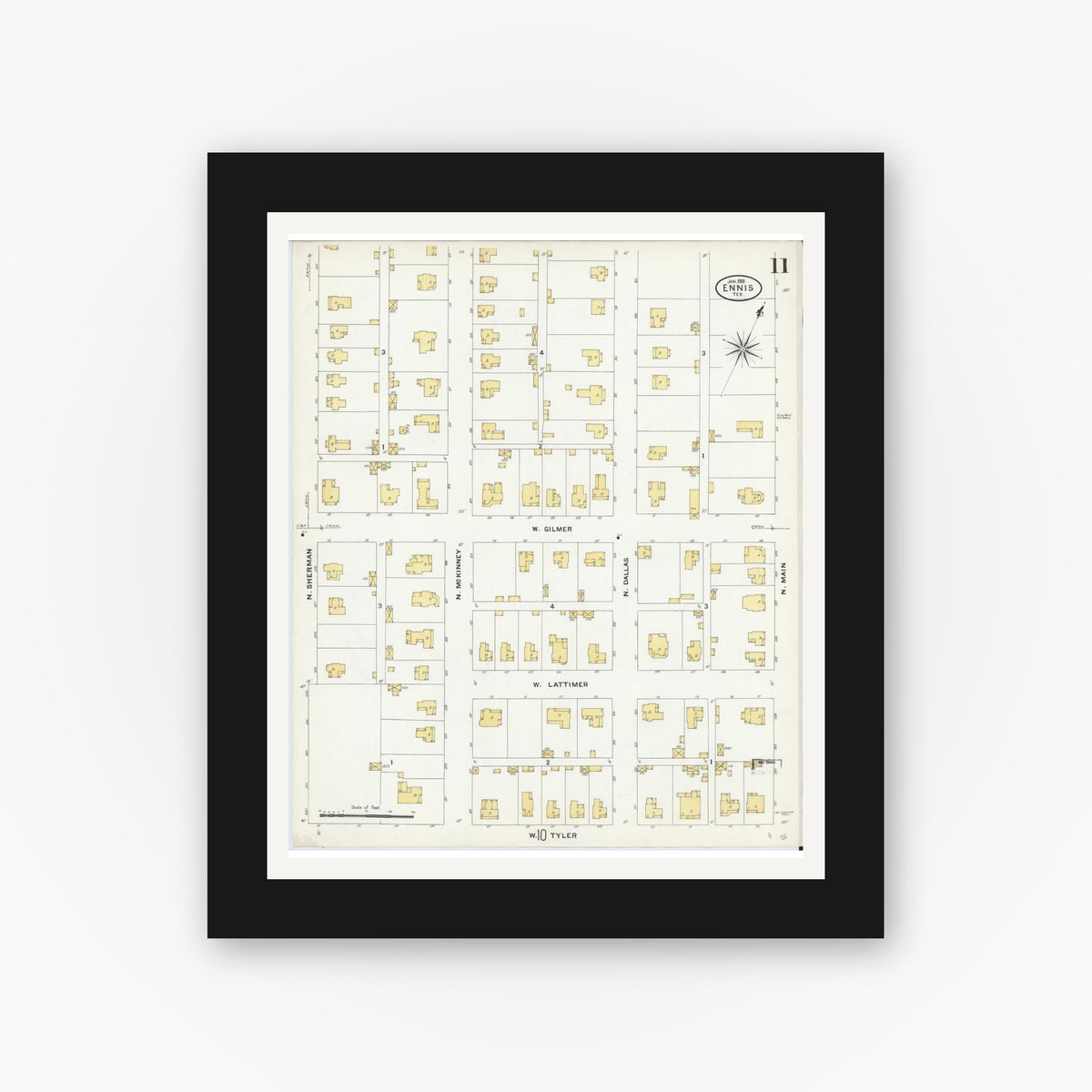 Old map wall art mockup — black gallery frame with white mat — Sanborn Fire Insurance Map from Ennis, Ellis County, Texas (1909), Sheet #0011