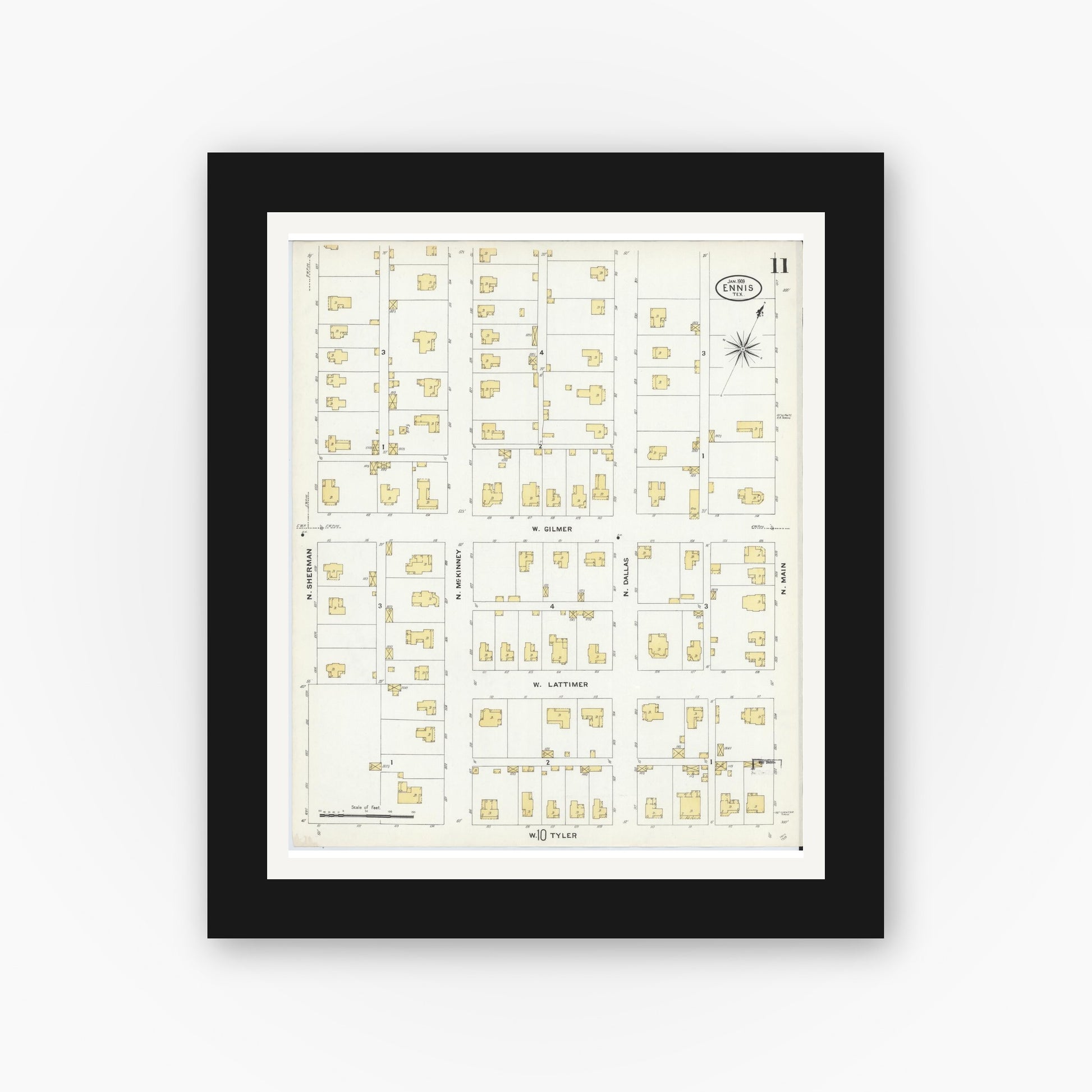 Old map wall art mockup — black gallery frame with white mat — Sanborn Fire Insurance Map from Ennis, Ellis County, Texas (1909), Sheet #0011