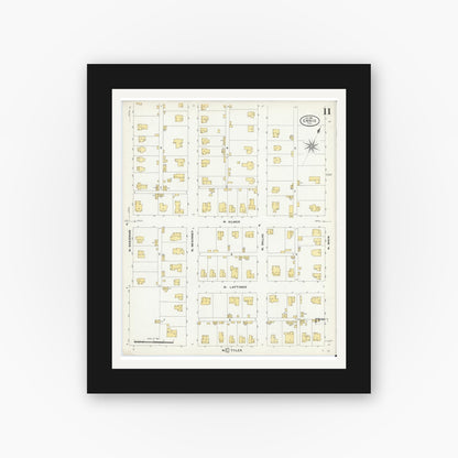 Old map wall art mockup — black gallery frame with white mat — Sanborn Fire Insurance Map from Ennis, Ellis County, Texas (1909), Sheet #0011