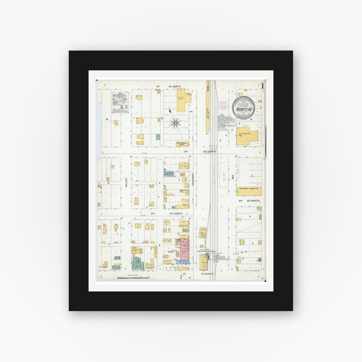 Old map wall art mockup — black gallery frame with white mat — Sanborn Fire Insurance Map from Manteno, Kankakee County, Illinois (1904) - Complete Map Set