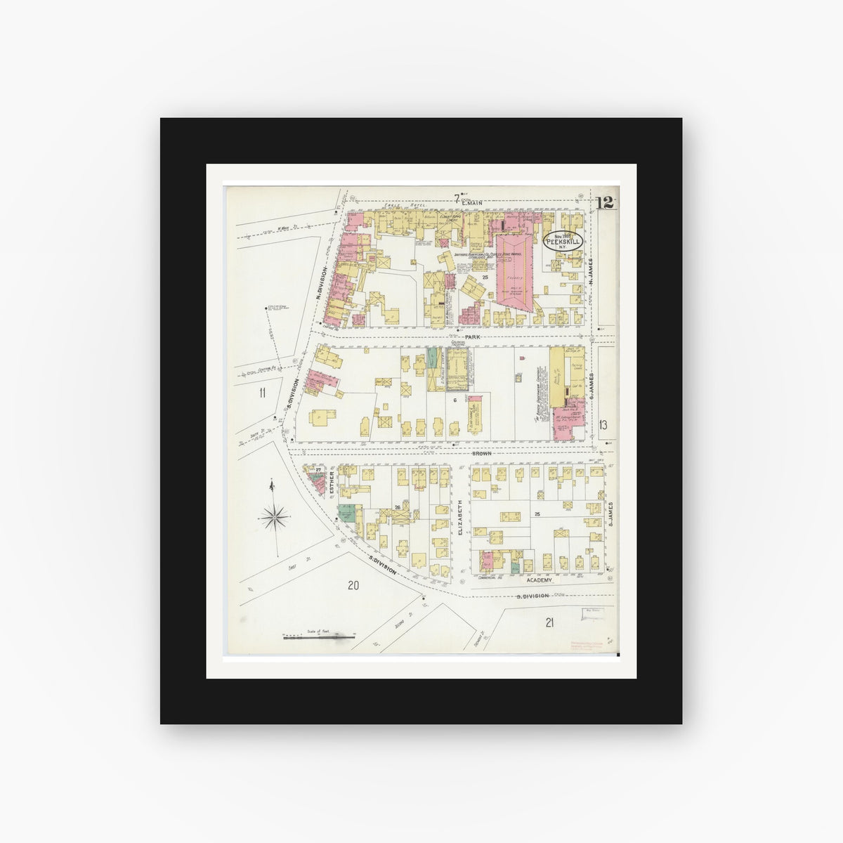 Old map wall art mockup — black gallery frame with white mat — Sanborn Fire Insurance Map from Peekskill, Westchester County, New York (1905), Sheet #0012
