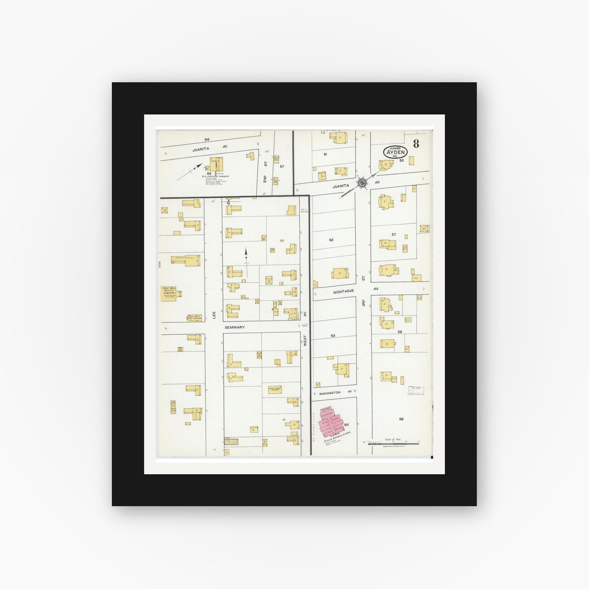 Old map wall art mockup — black gallery frame with white mat — Sanborn Fire Insurance Map from Ayden, Pitt County, North Carolina (1919), Sheet #0008