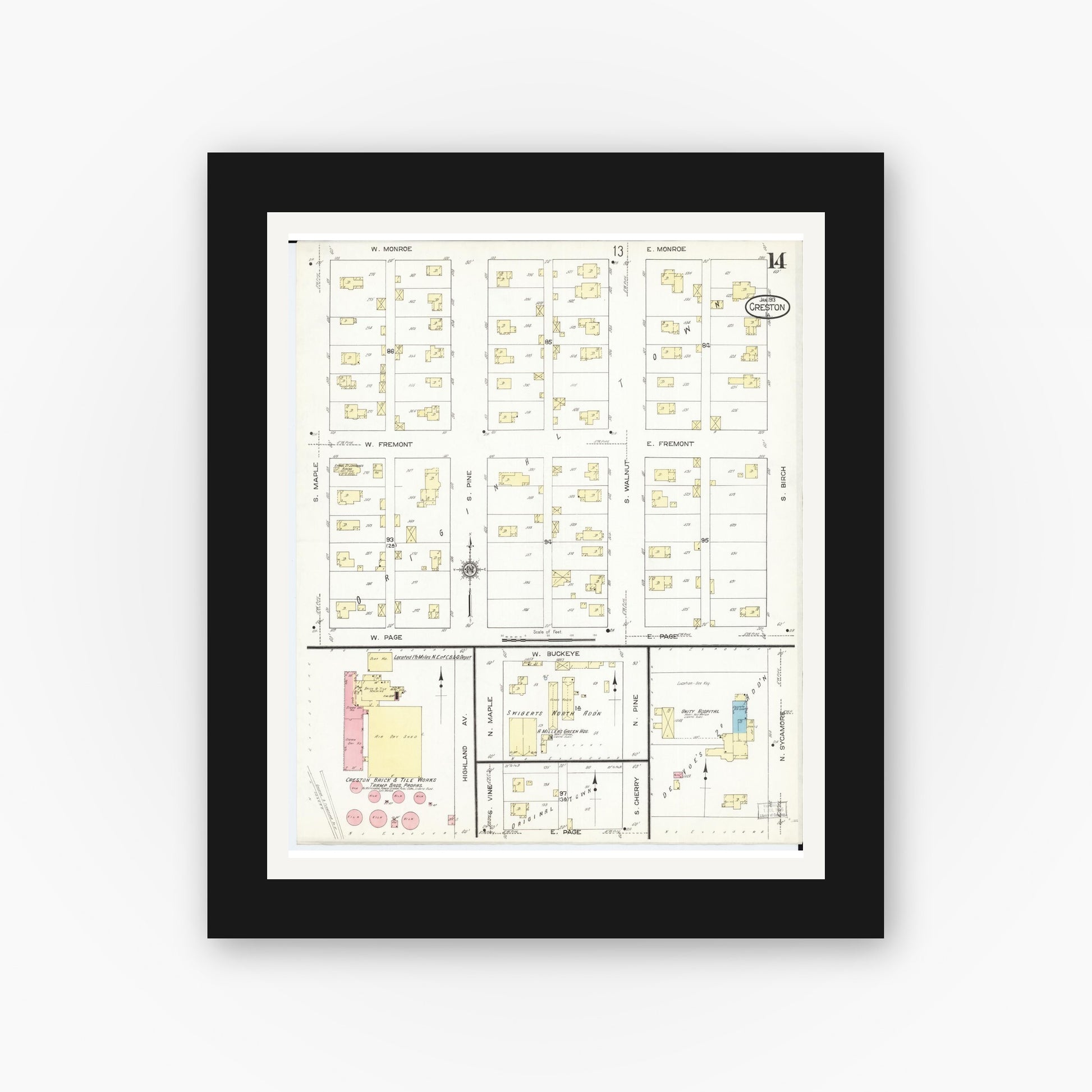 Old map wall art mockup — black gallery frame with white mat — Sanborn Fire Insurance Map from Creston, Union County, Iowa (1913), Sheet #0014