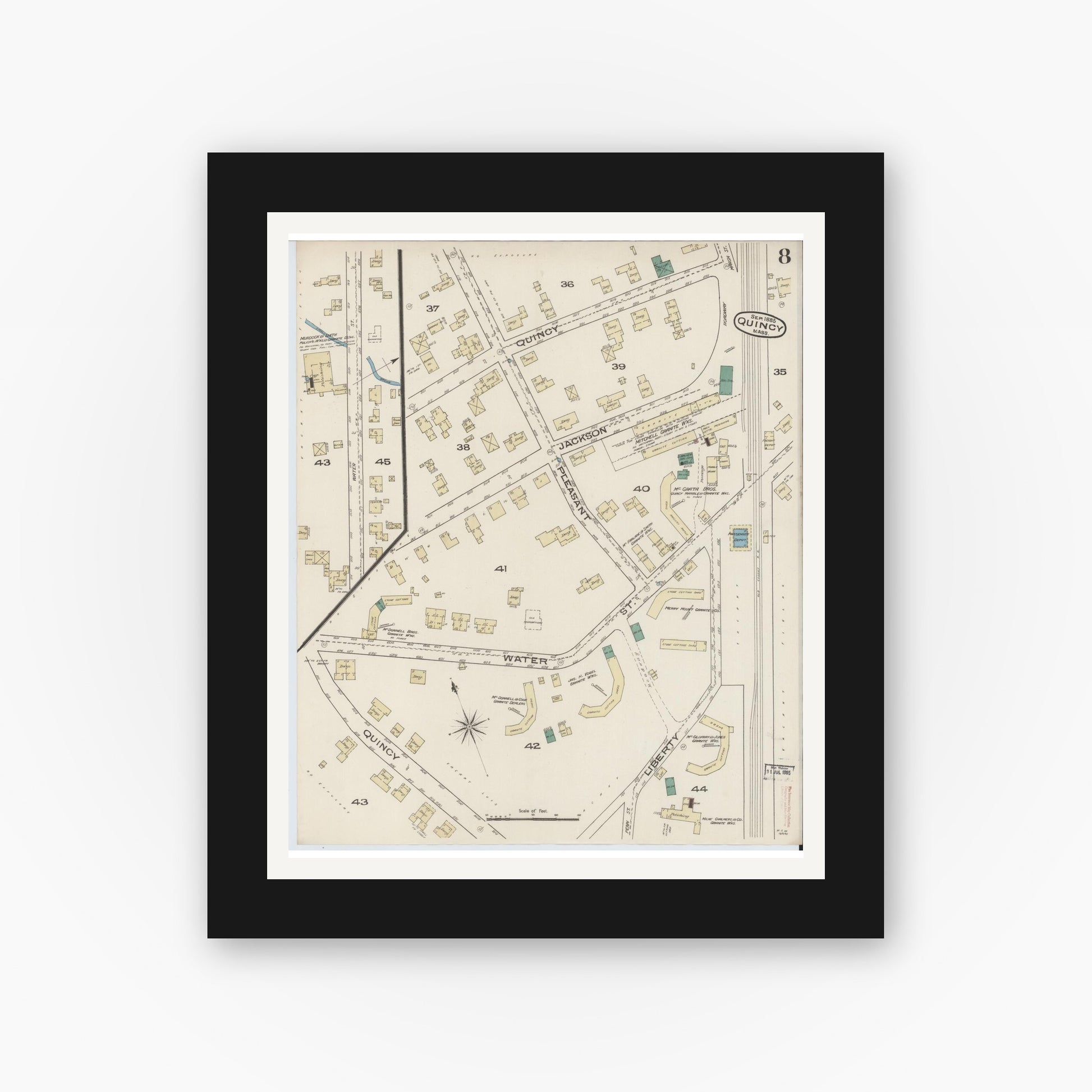 Old map wall art mockup — black gallery frame with white mat — Sanborn Fire Insurance Map from Quincy, Norfolk County, Massachusetts (1885), Sheet #0008