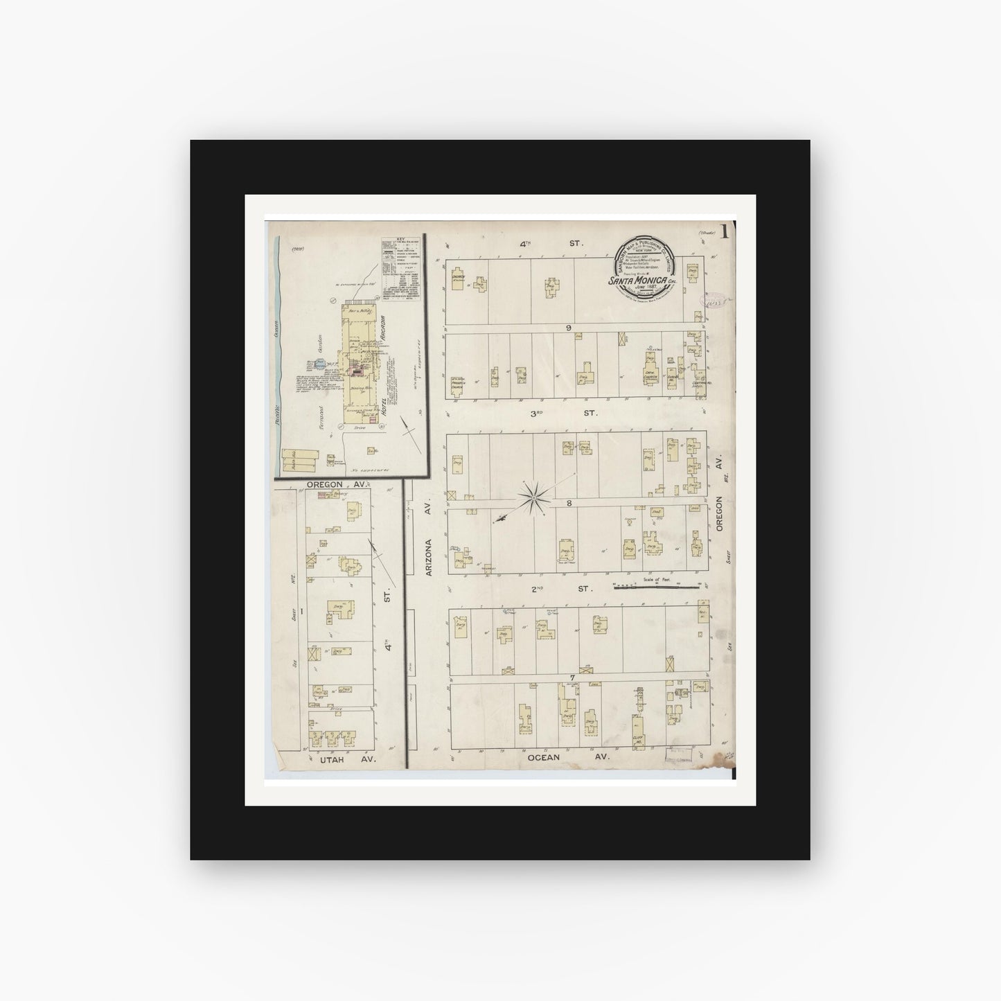 Old map wall art mockup — black gallery frame with white mat — Sanborn Fire Insurance Map from Santa Monica, Los Angeles County, California (1887) - Complete Map Set