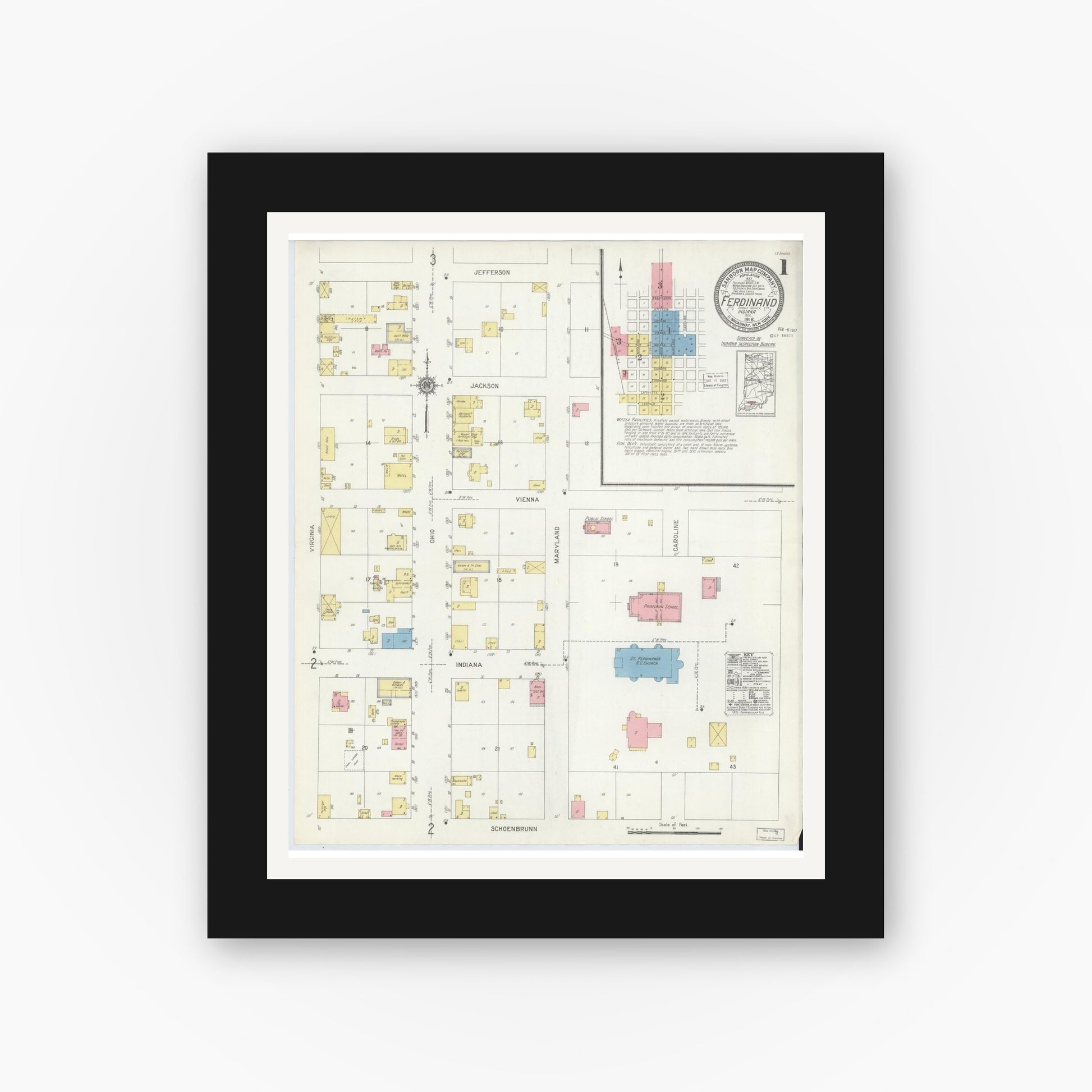 Old map wall art mockup — black gallery frame with white mat — Sanborn Fire Insurance Map from Ferdinand, Dubois County, Indiana (1916) - Complete Map Set