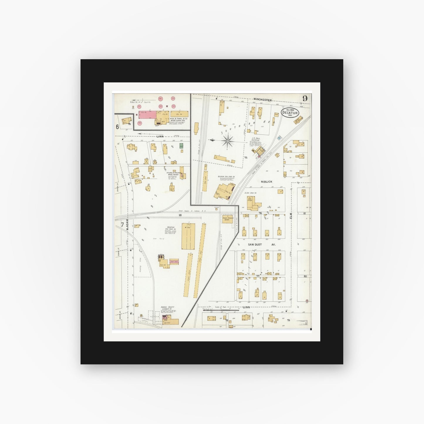 Old map wall art mockup — black gallery frame with white mat — Sanborn Fire Insurance Map from Decatur, Adams County, Indiana (1900), Sheet #0009
