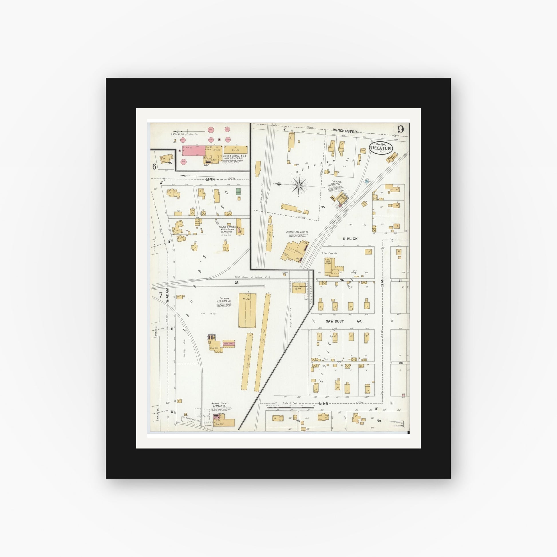 Old map wall art mockup — black gallery frame with white mat — Sanborn Fire Insurance Map from Decatur, Adams County, Indiana (1900), Sheet #0009