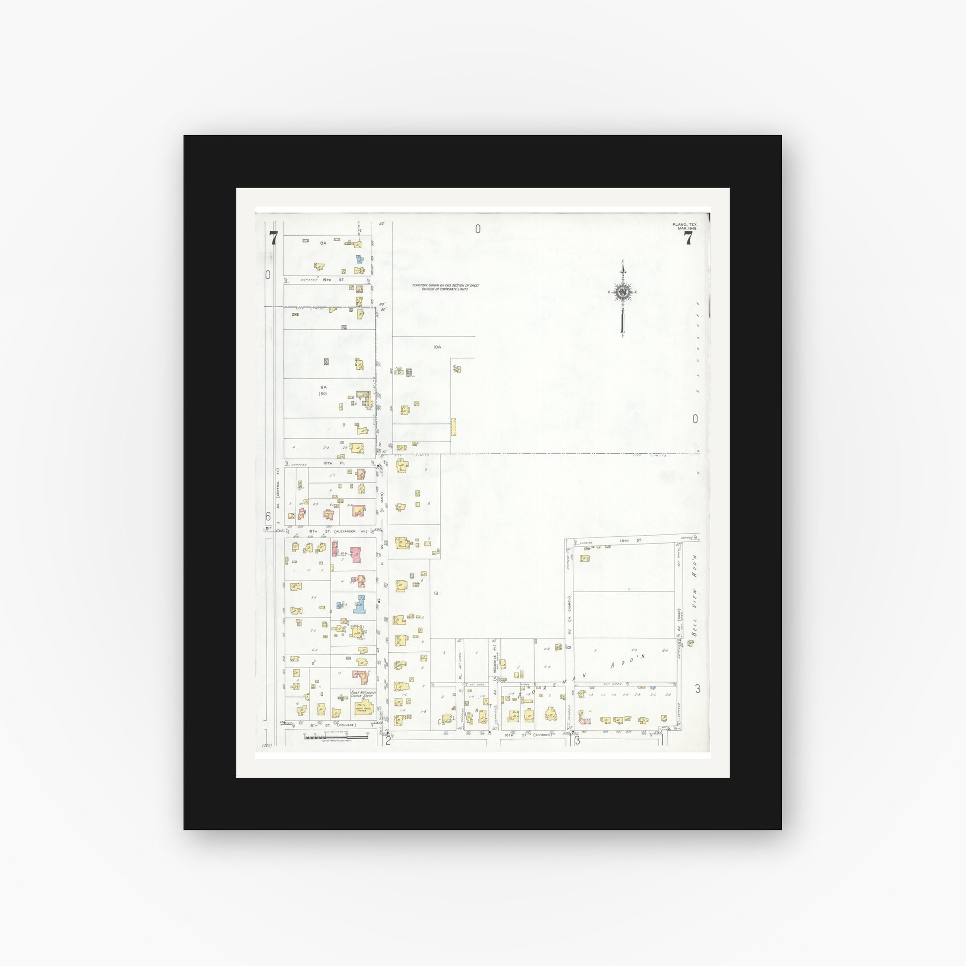 Old map wall art mockup — black gallery frame with white mat — Sanborn Fire Insurance Map from Plano, Collin County, Texas (1949), Sheet #0007