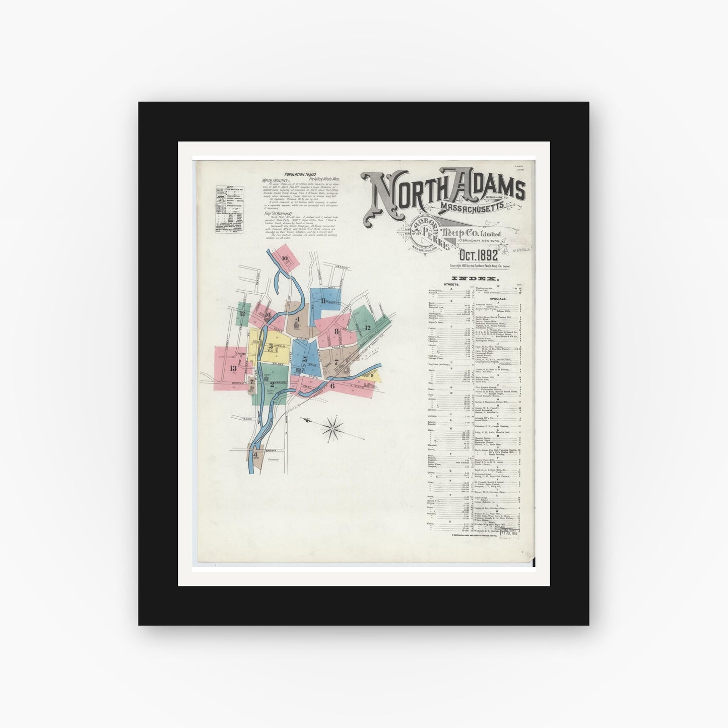 Old map wall art mockup — black gallery frame with white mat — Sanborn Fire Insurance Map from North Adams, Berkshire County, Massachusetts (1892) - Complete Map Set